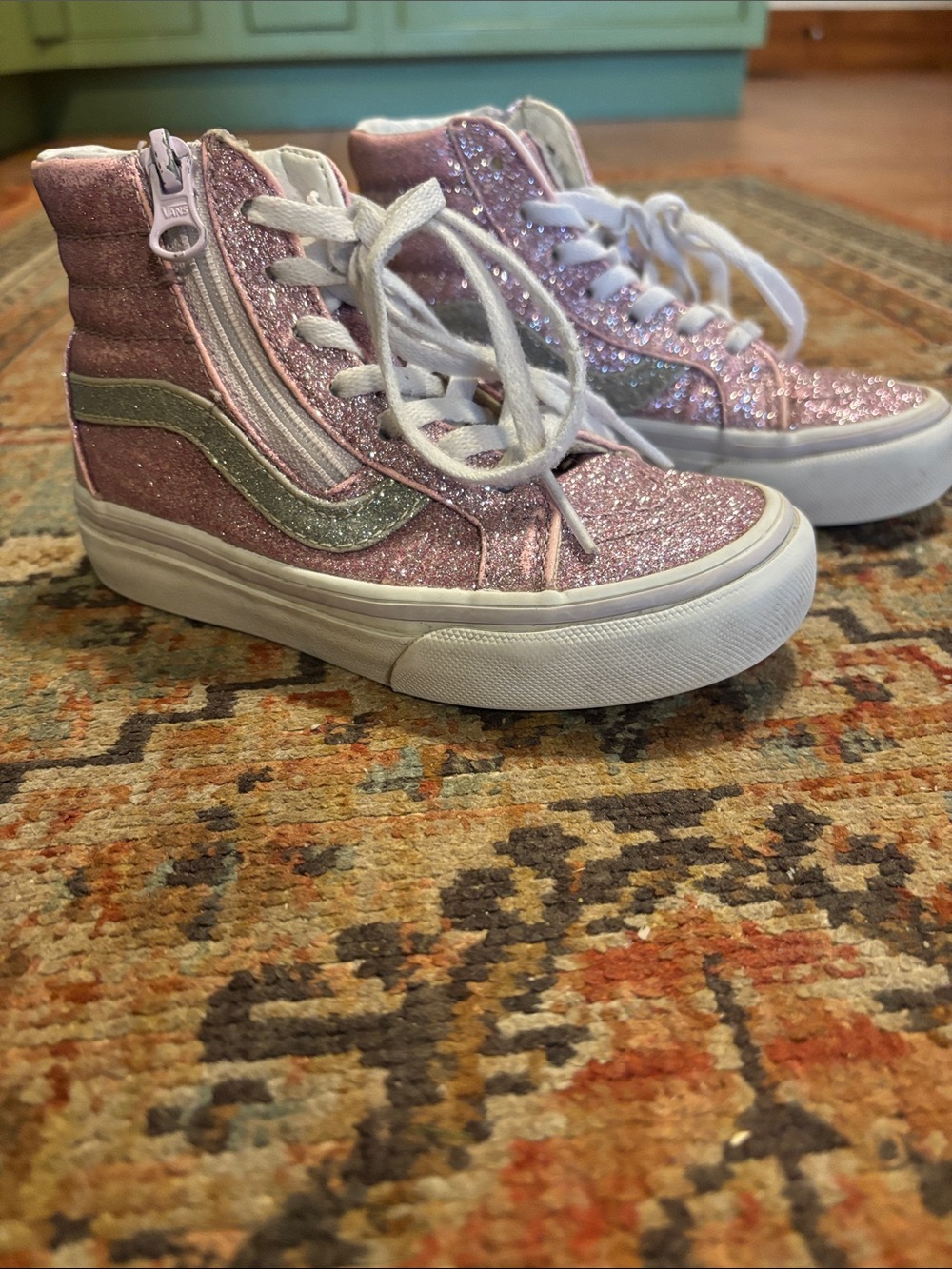 Vans Kids Glitter High-Top Sneakers in Pink with Silver Stripe